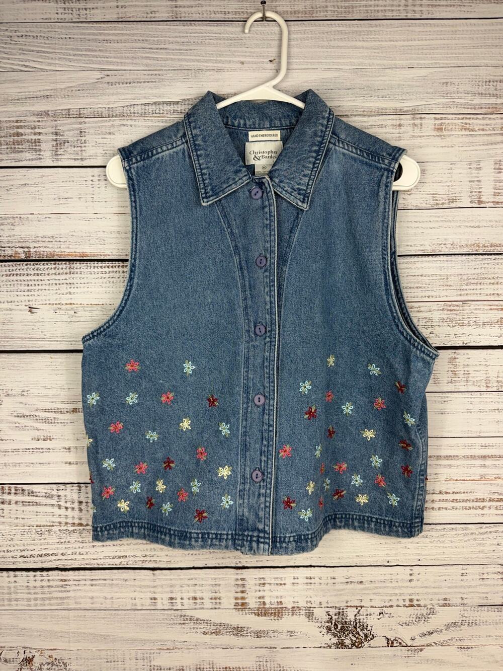 Vintage Christopher & Banks Denim Vest Hand Embroidered Floral Cotton Medium